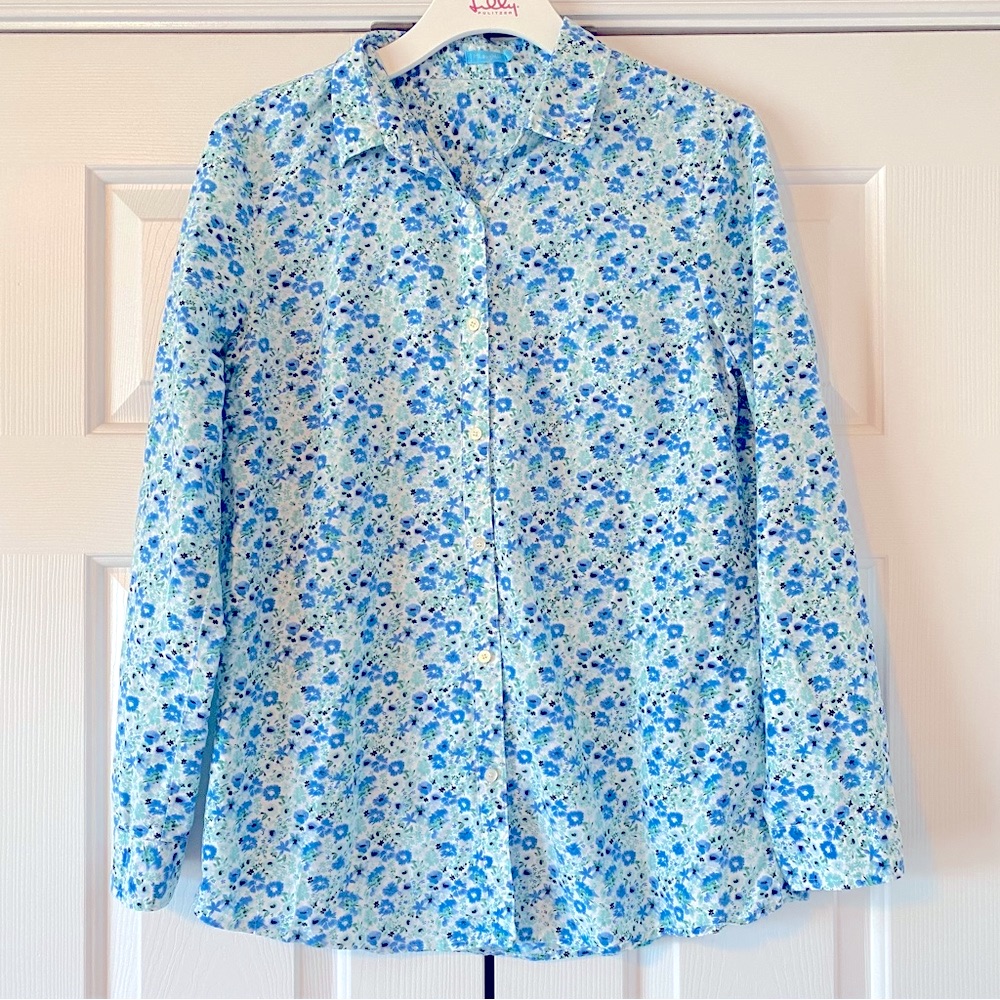 J. Mclaughlin Blue Floral Silk Blend Button Down, L